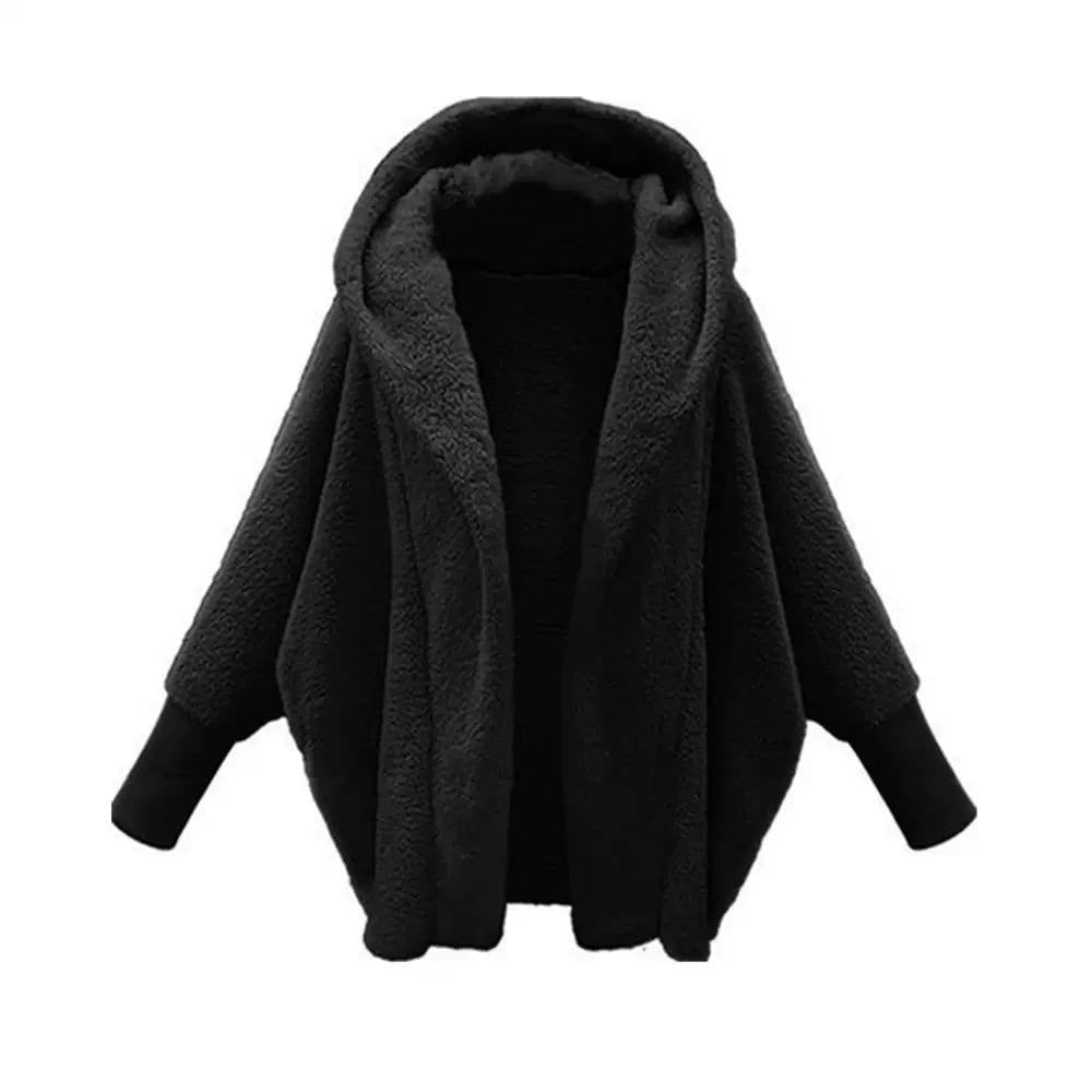 Relaxed Hooded Open-Front Jacket With Ribbed Cuffs – Black