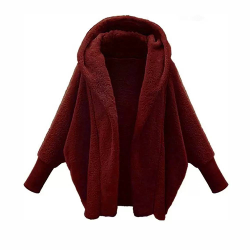 Relaxed Hooded Open-Front Jacket With Ribbed Cuffs – Burgundy