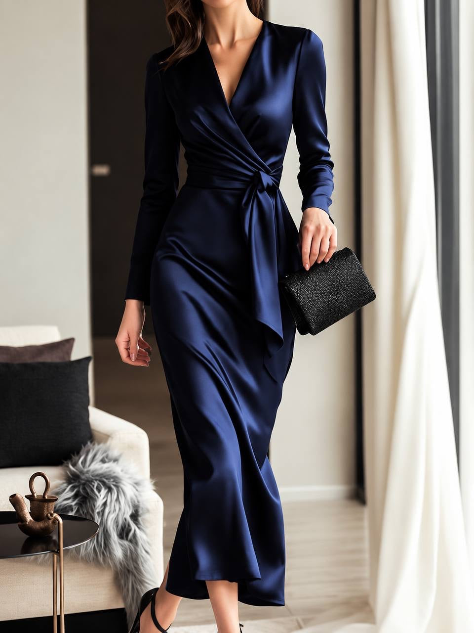 Long Sleeve V-Neck Wrap-Style Dress With Side Tie – Navy