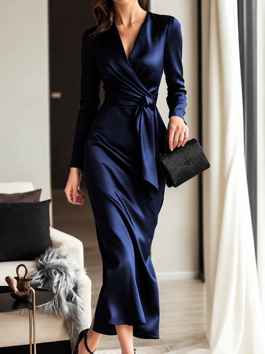 Long Sleeve V-Neck Wrap-Style Dress With Side Tie – Navy