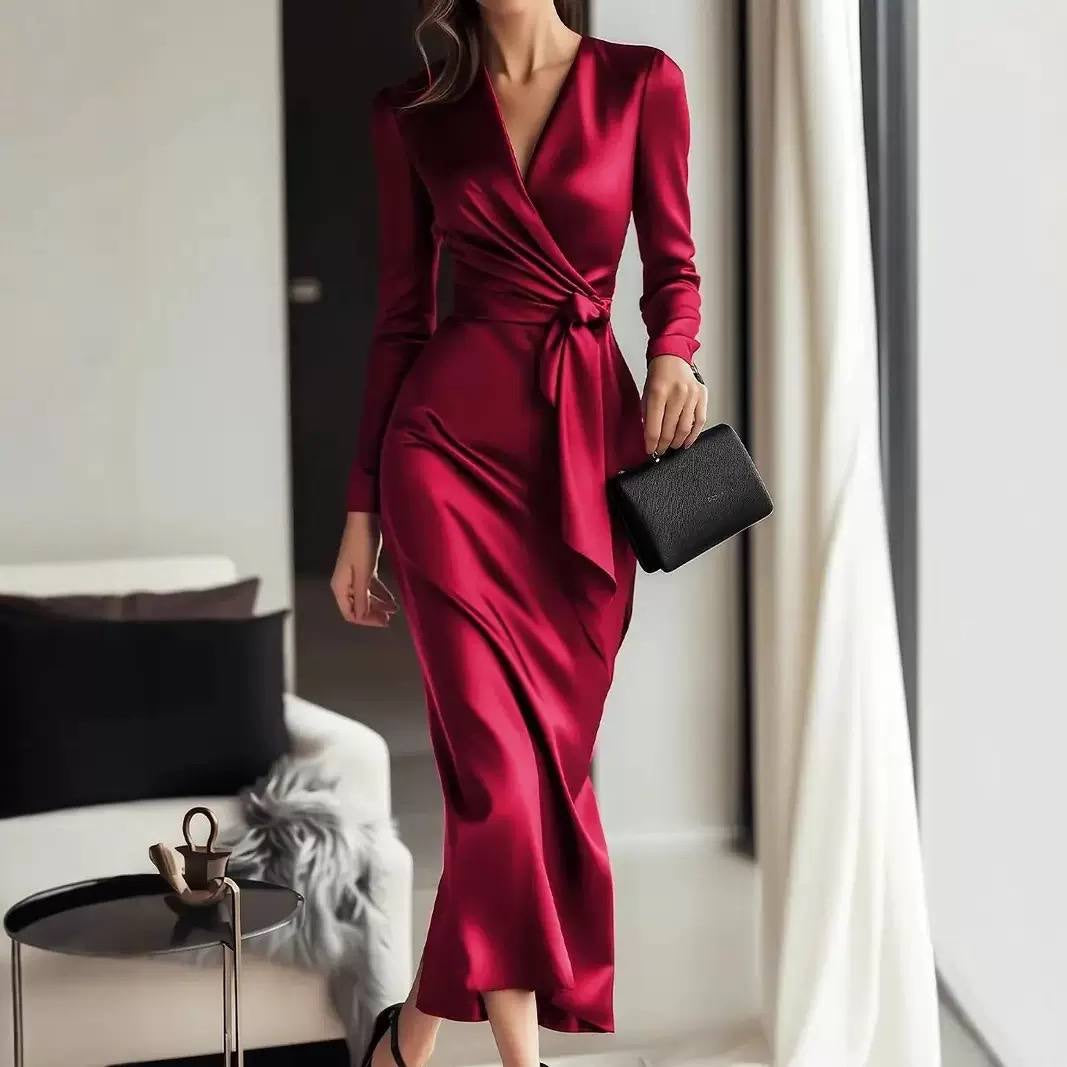 Long Sleeve V-Neck Wrap-Style Dress With Side Tie – Red