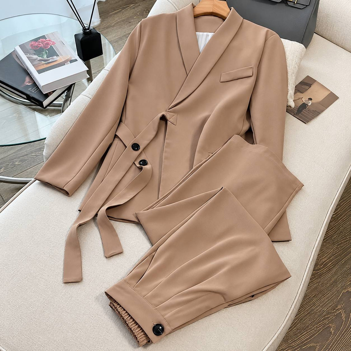 Shawl Collar Blazer and Pleated Trouser Set – Camel
