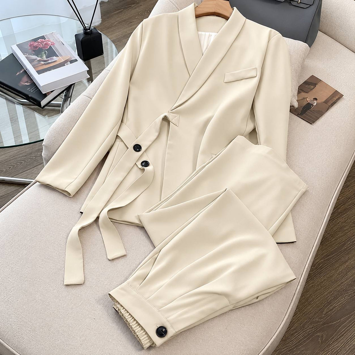 Shawl Collar Blazer and Pleated Trouser Set – Cream