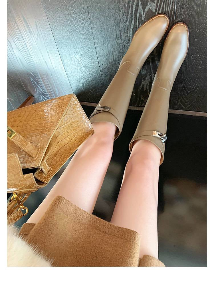 Knee-High Boots With Strap Detail And Low Heel – Taupe
