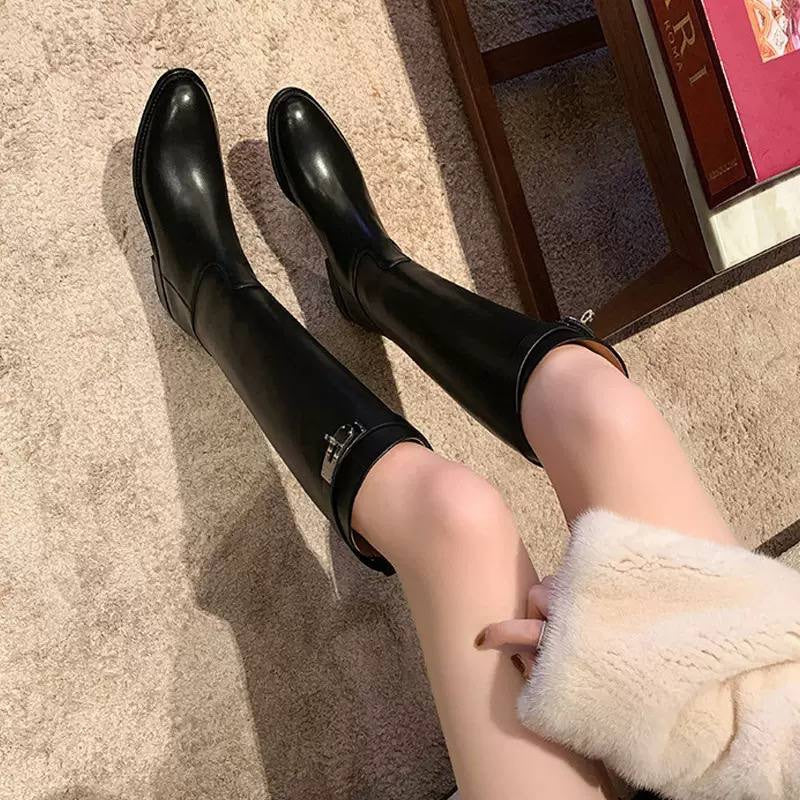 Knee-High Boots With Strap Detail And Low Heel – Black