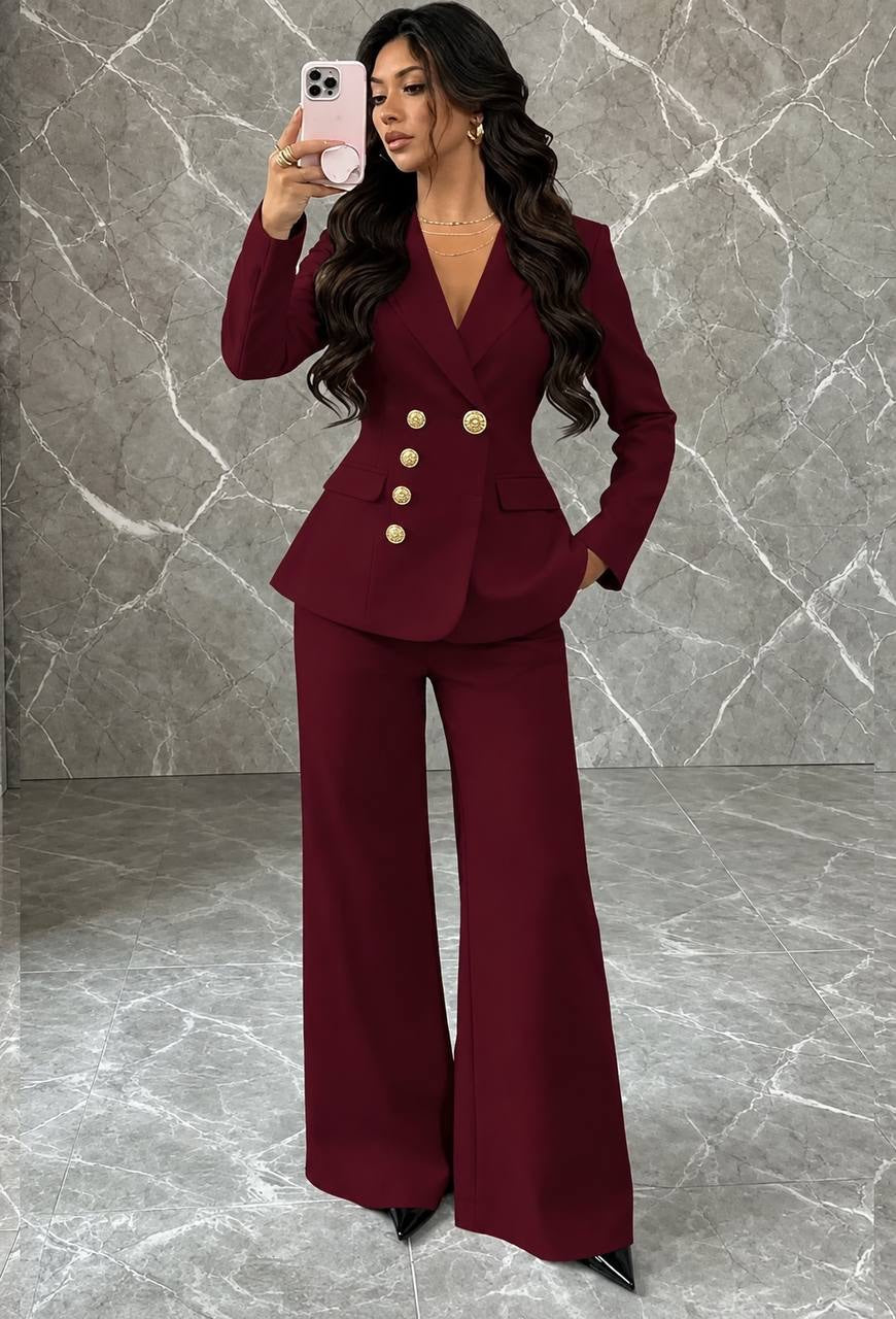 Fitted Button-Front Blazer And Wide-Leg Trouser Set – Burgundy