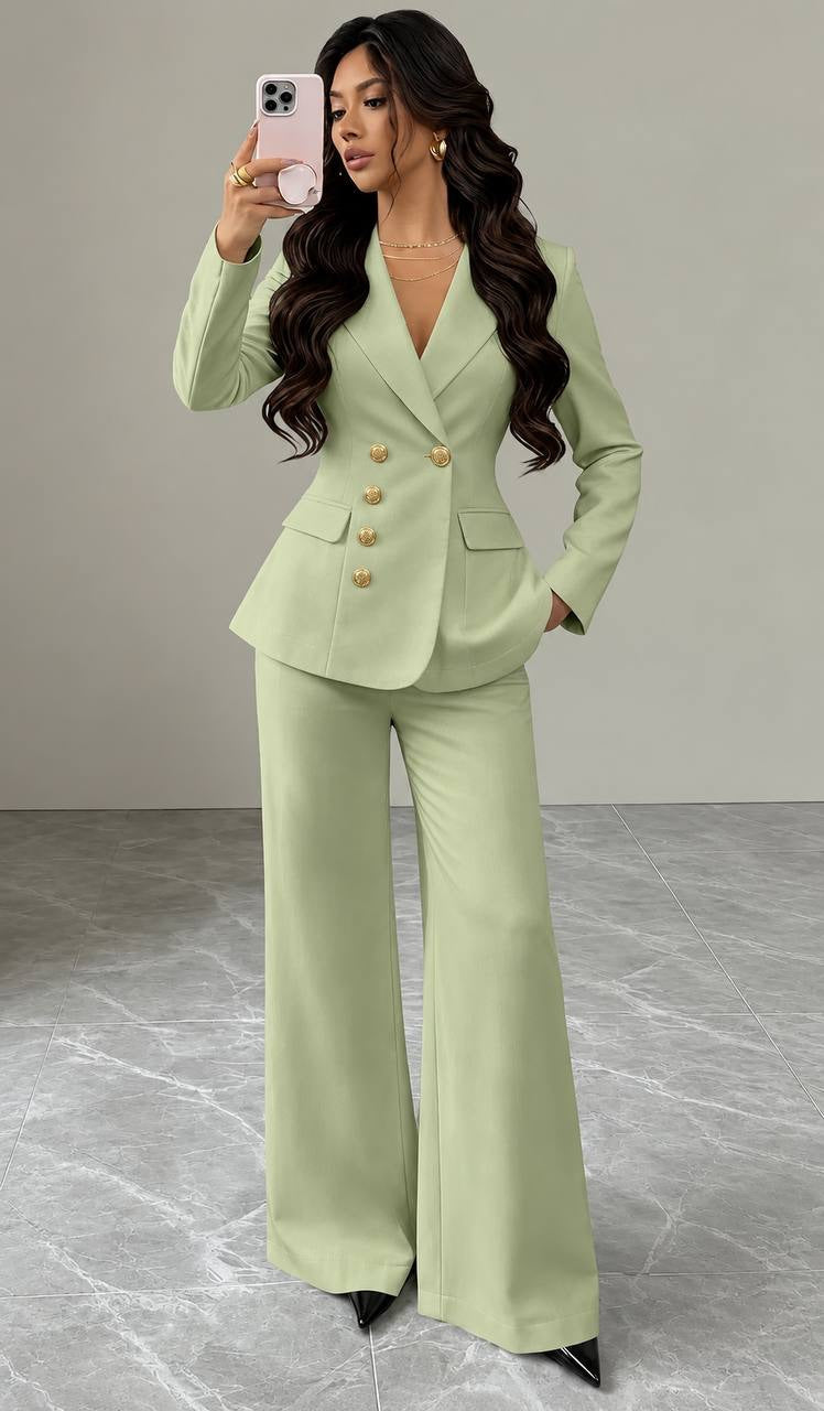 Fitted Button-Front Blazer And Wide-Leg Trouser Set – Light Green