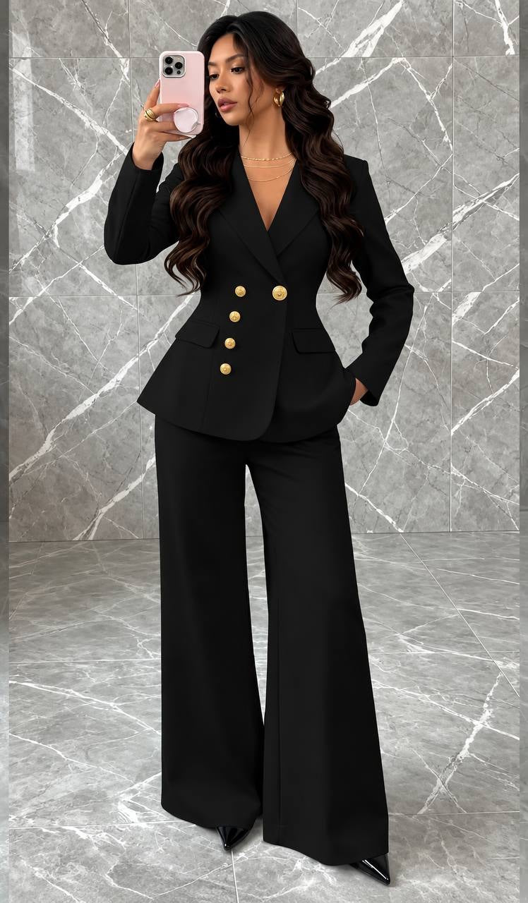 Fitted Button-Front Blazer And Wide-Leg Trouser Set – Black