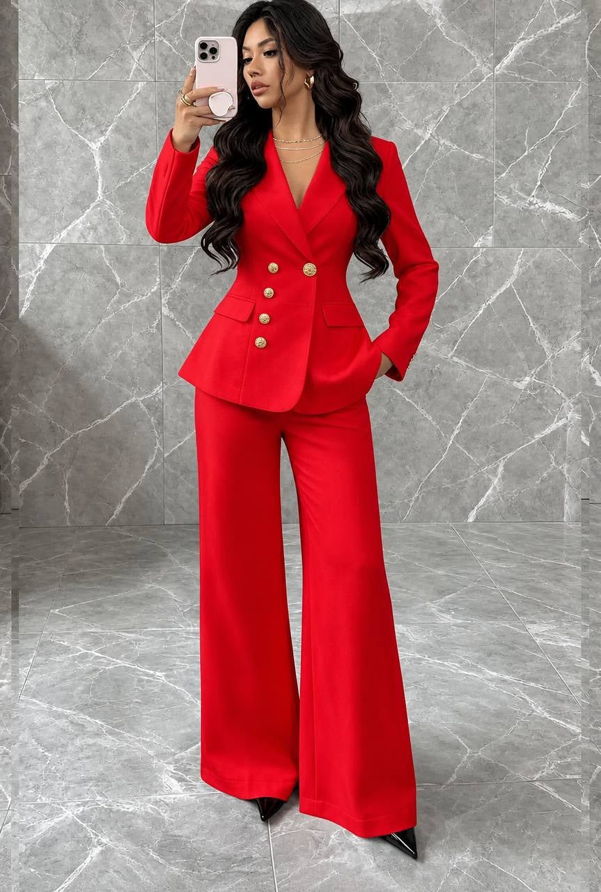 Fitted Button-Front Blazer And Wide-Leg Trouser Set – Red