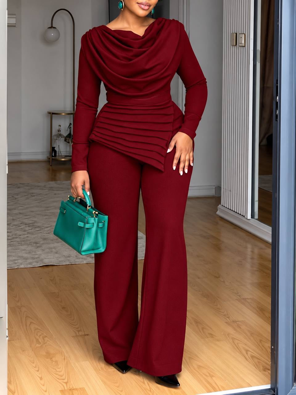 Draped Cowl Neck Top And Wide Leg Trouser Set – Burgundy