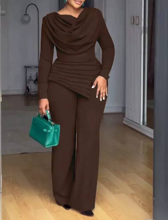 Draped Cowl Neck Top And Wide Leg Trouser Set – Brown