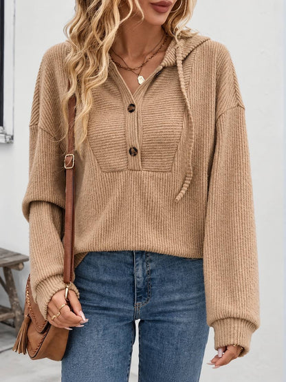 Relaxed Hooded Jumper With Button Neck Detail – Camel