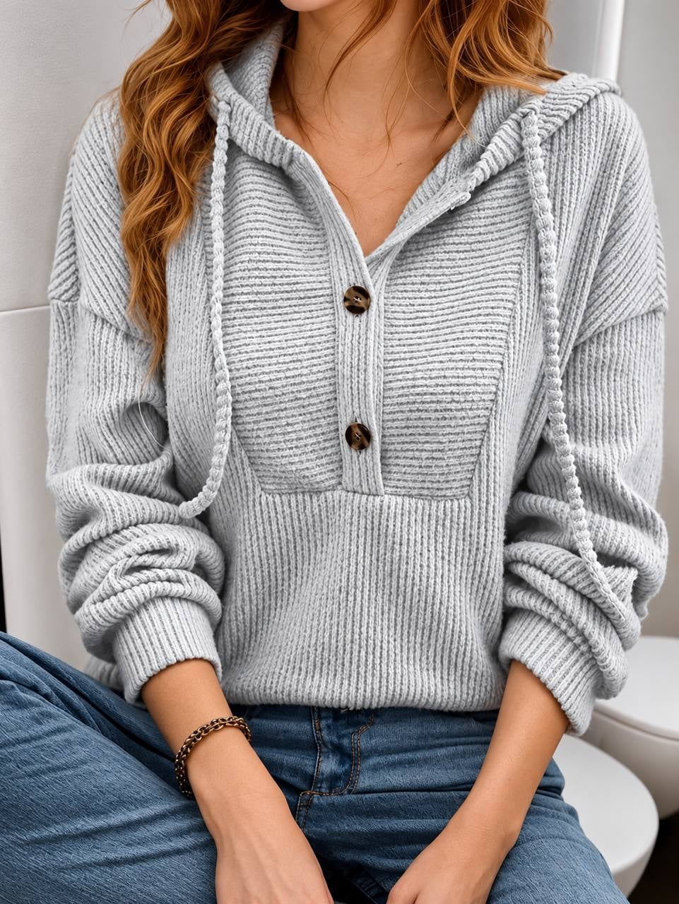 Relaxed Hooded Jumper With Button Neck Detail – Light Grey