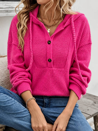 Relaxed Hooded Jumper With Button Neck Detail – Bright Pink