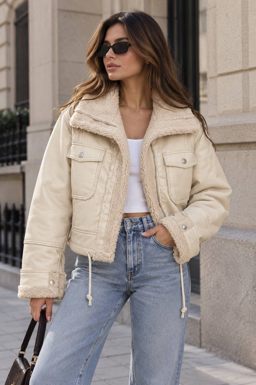 Relaxed Zip-Front Jacket With Textured Trim – Cream