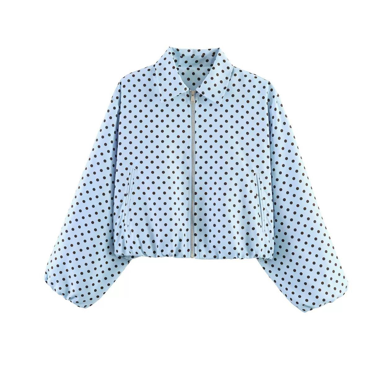 Polka Dot Collared Zip-Up Jacket With Balloon Sleeves – Light Blue Polka Dot
