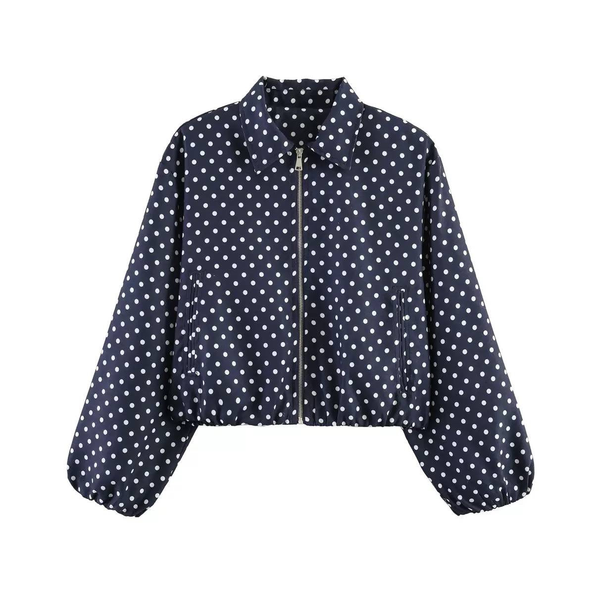 Polka Dot Collared Zip-Up Jacket With Balloon Sleeves – Navy Polka Dot