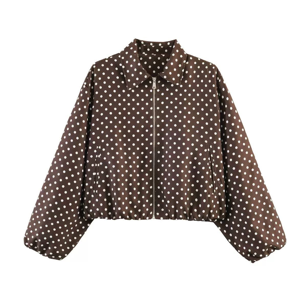 Polka Dot Collared Zip-Up Jacket With Balloon Sleeves – Brown Polka Dot