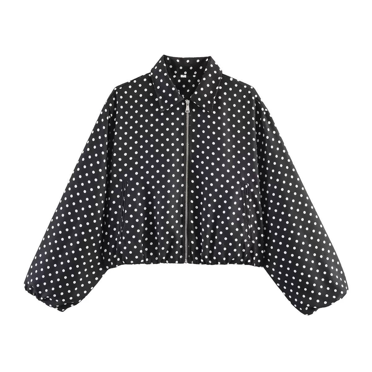 Polka Dot Collared Zip-Up Jacket With Balloon Sleeves – Black Polka Dot