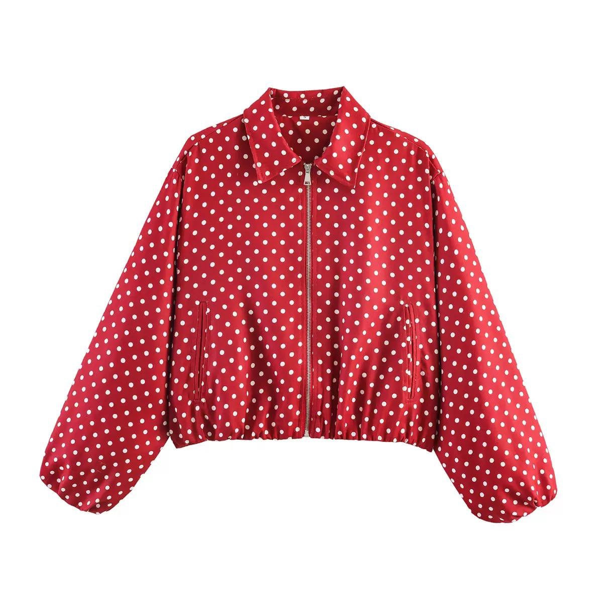 Polka Dot Collared Zip-Up Jacket With Balloon Sleeves – Red Polka Dot