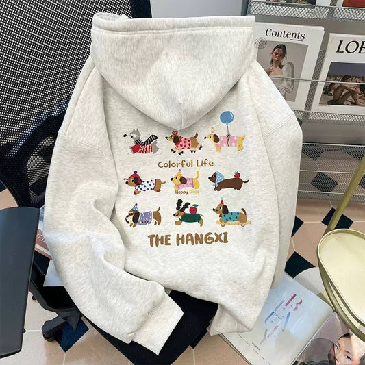 Printed Hoodie With Dropped Shoulders And Full Sleeves – Light Grey Dog Print
