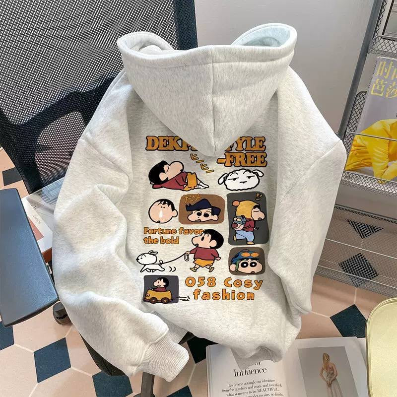 Printed Hoodie With Dropped Shoulders And Full Sleeves – Light Grey Cartoon Collage