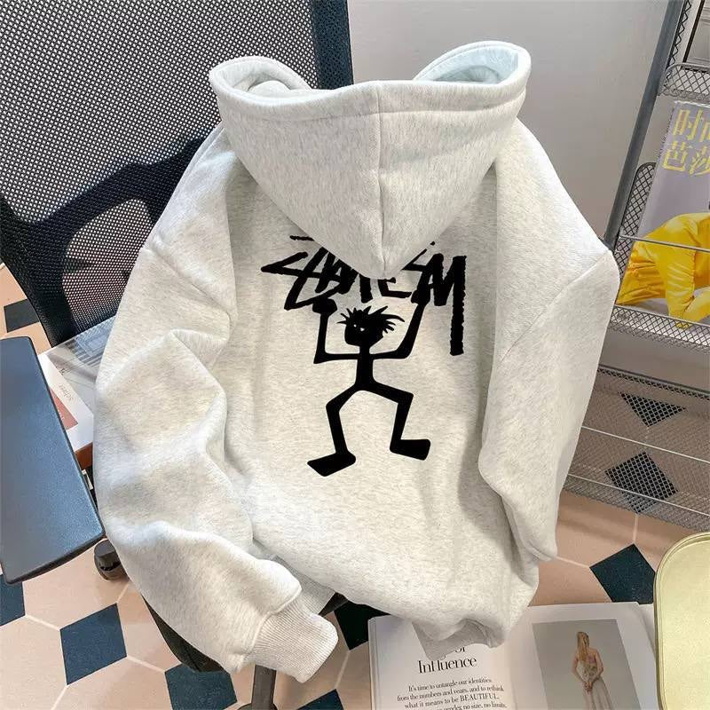 Printed Hoodie With Dropped Shoulders And Full Sleeves – Light Grey Stick Figure