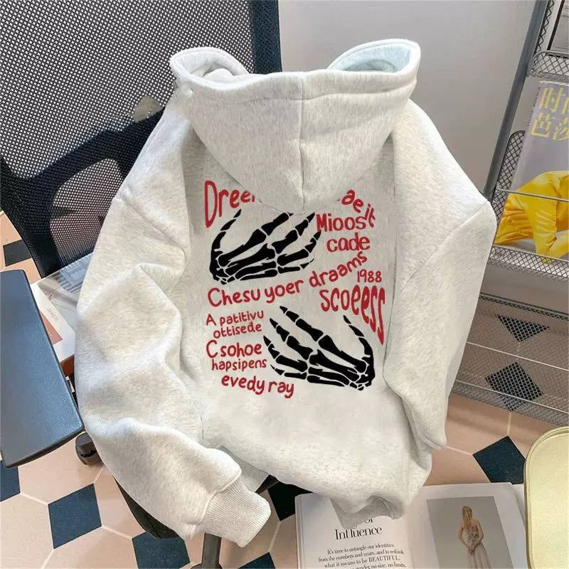Printed Hoodie With Dropped Shoulders And Full Sleeves – Light Grey Skeleton Hands