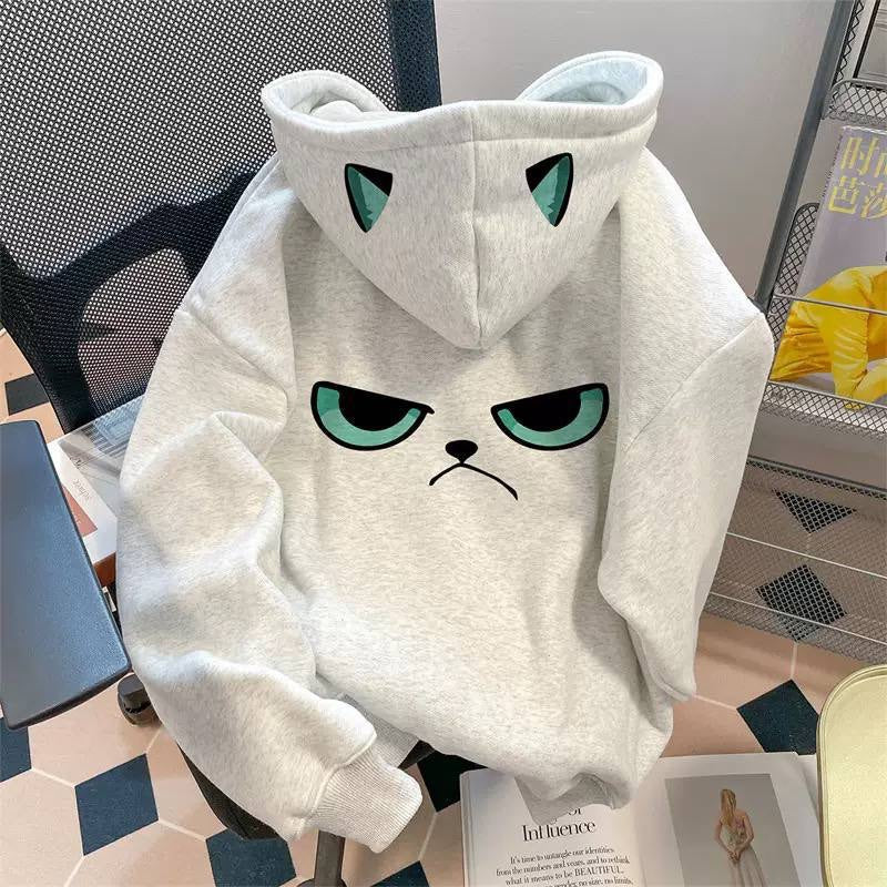 Printed Hoodie With Dropped Shoulders And Full Sleeves – Light Grey Green-Eyed Cat