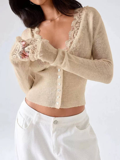 Lace-Trim V-Neck Button-Front Cardigan With Long Sleeves – Beige