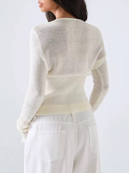 Lace-Trim V-Neck Button-Front Cardigan With Long Sleeves – Cream