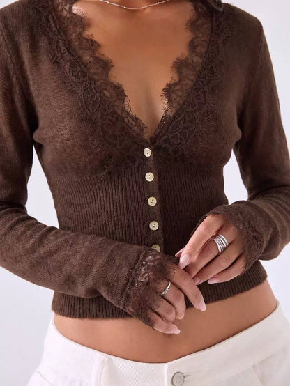 Lace-Trim V-Neck Button-Front Cardigan With Long Sleeves – Brown