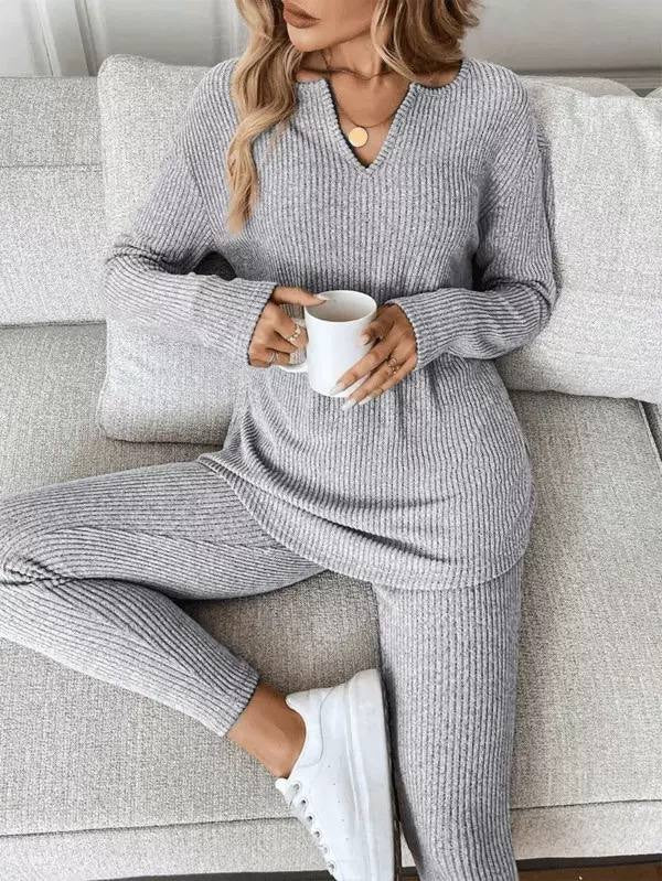Ribbed Notch Neck Jumper And Trouser Set – Grey