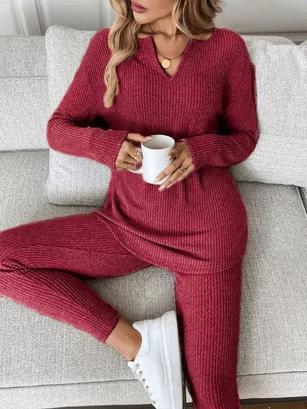 Ribbed Notch Neck Jumper And Trouser Set – Burgundy