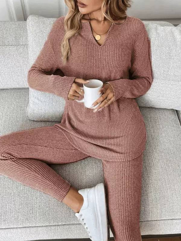 Ribbed Notch Neck Jumper And Trouser Set – Dusty Pink