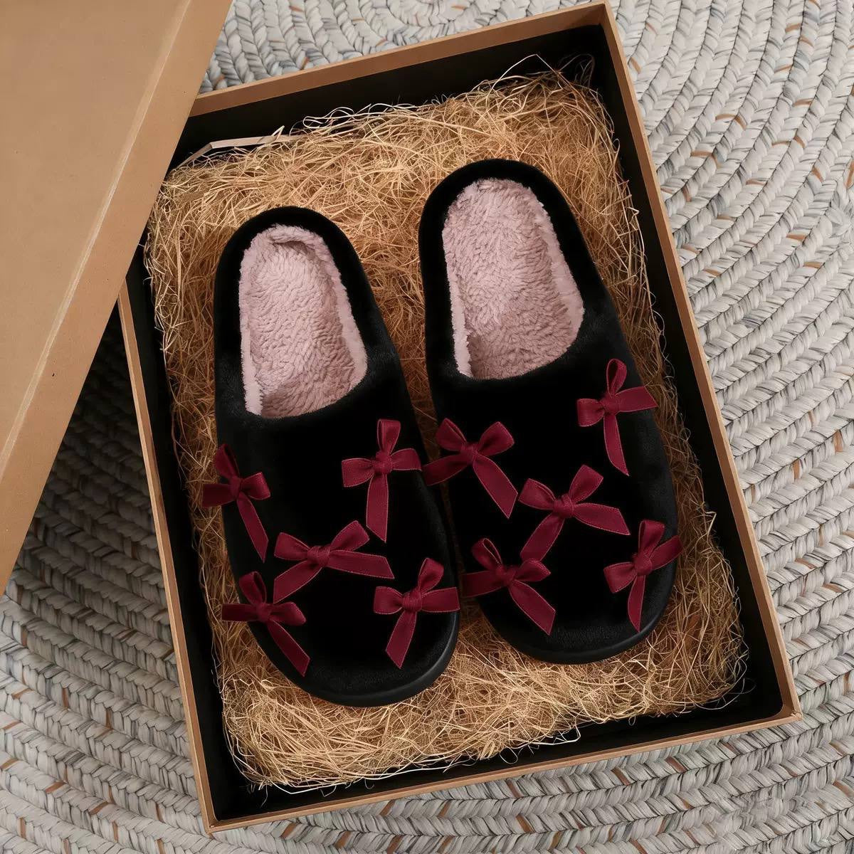 Bow Detail Slip-On Slippers With Rounded Toes – Black