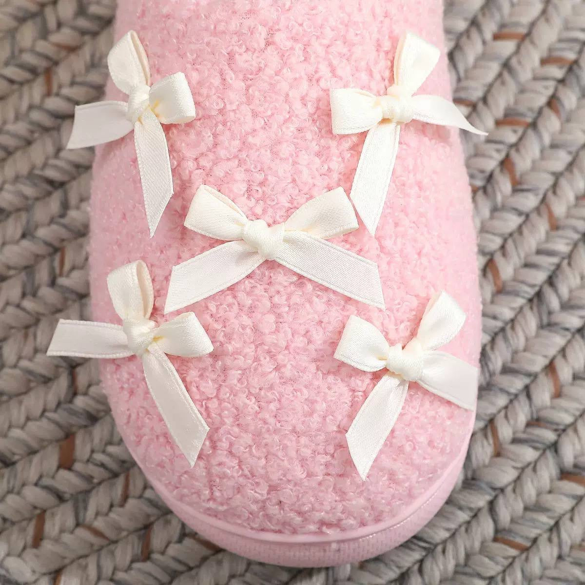 Bow Detail Slip-On Slippers With Rounded Toes – Pink
