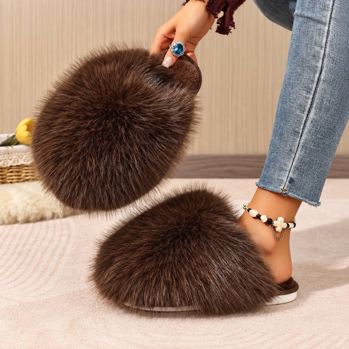 Fluffy Slip-On Slippers With An Open Back – Dark Brown