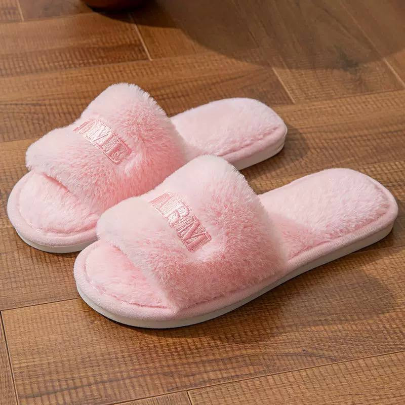 Fluffy Open-Toe Slippers With Embroidered Lettering Detail – Pink