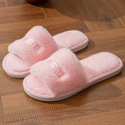 Fluffy Open-Toe Slippers With Embroidered Lettering Detail – Pink