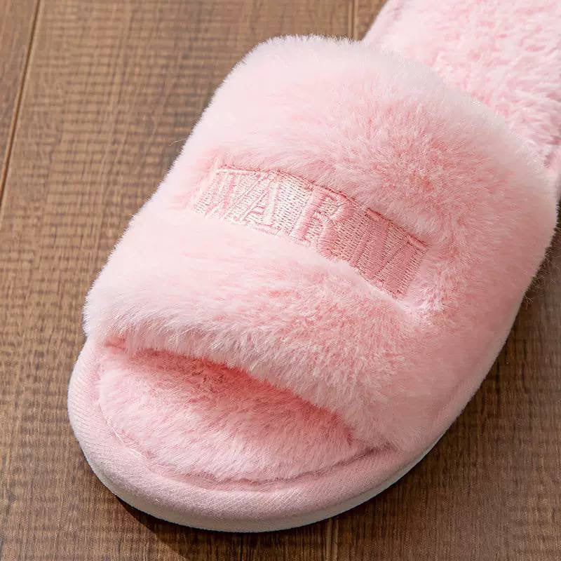 Fluffy Open-Toe Slippers With Embroidered Lettering Detail – Pink