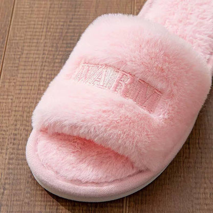 Fluffy Open-Toe Slippers With Embroidered Lettering Detail – Pink