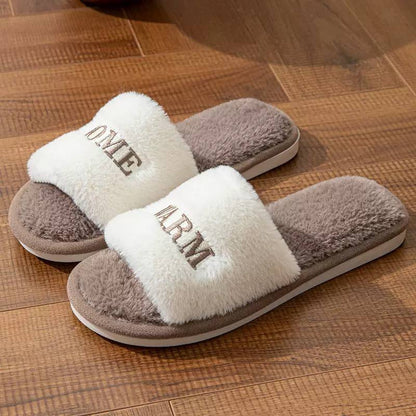 Fluffy Open-Toe Slippers With Embroidered Lettering Detail – White