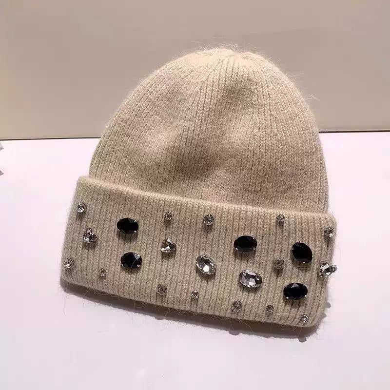 Jewel Embellished Knitted Beanie With Turned-Up Brim – Beige