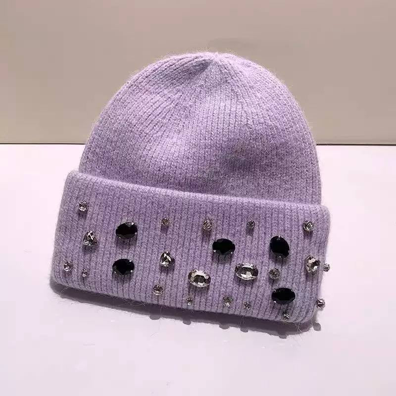 Jewel Embellished Knitted Beanie With Turned-Up Brim – Lilac