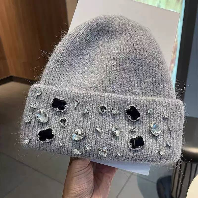 Jewel Embellished Knitted Beanie With Turned-Up Brim – Grey