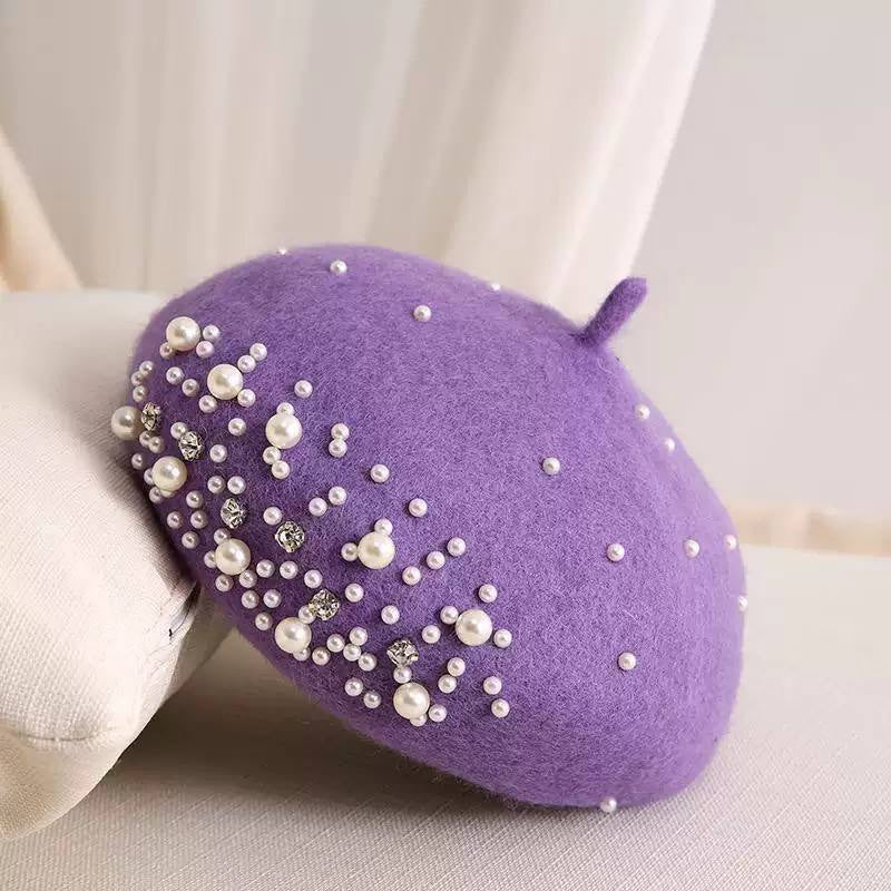 Classic Beret With Pearl-Effect And Sparkling Embellishments – Purple