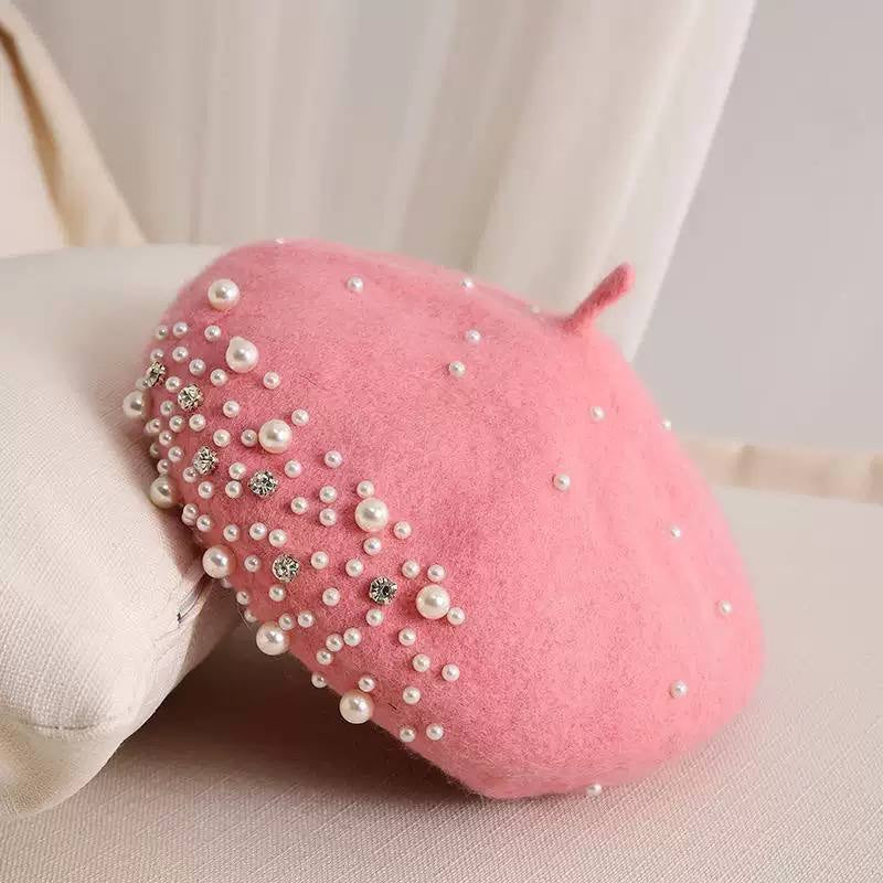 Classic Beret With Pearl-Effect And Sparkling Embellishments – Pink