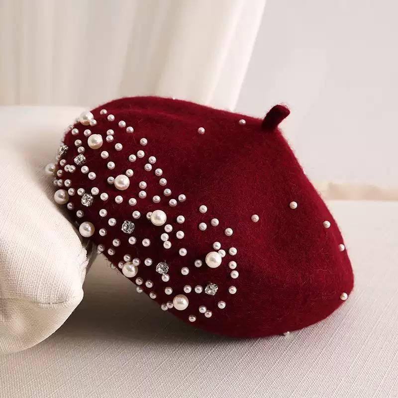 Classic Beret With Pearl-Effect And Sparkling Embellishments – Burgundy