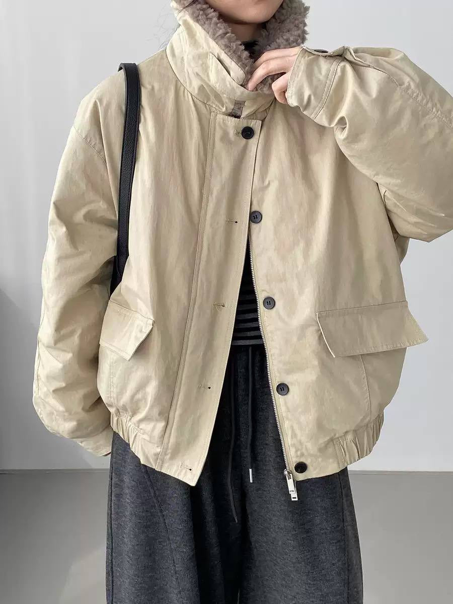Relaxed Zip-Front Jacket With Textured Collar And Pockets – Beige